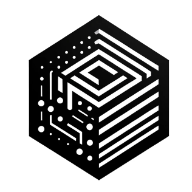 a black isometric cube logo with circuit patterns on white background